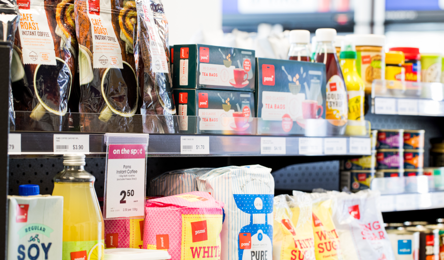 shelves of grocery supplies at an On the Spot store